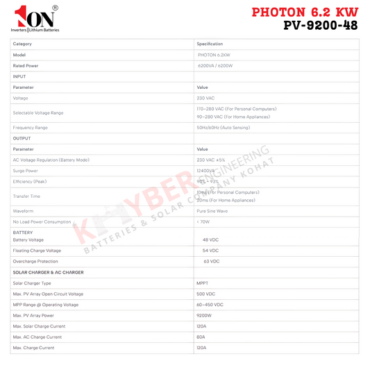 1ON Photon Pro Hybrid Inverter PV-9200-48 (6.2KW)